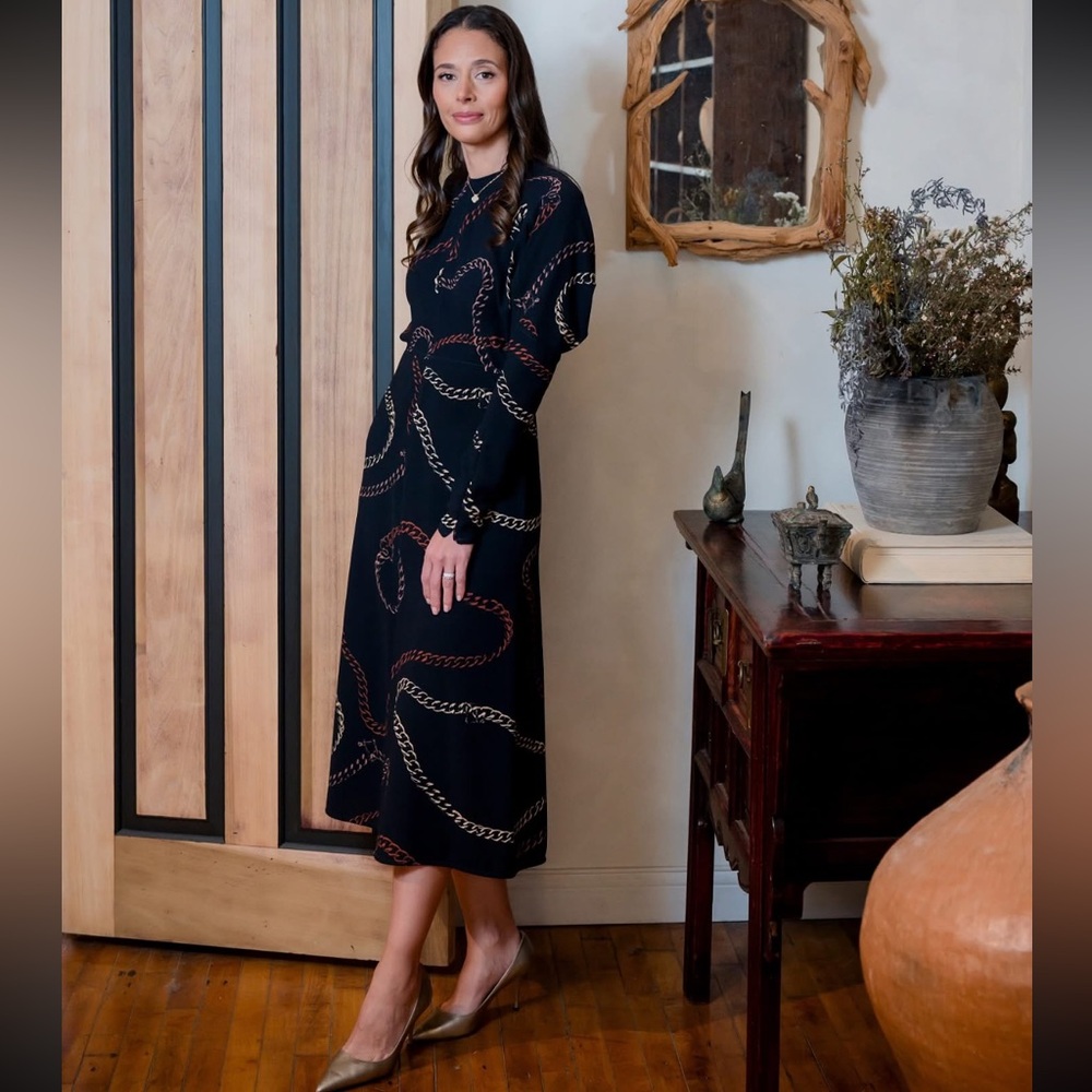 Victoria Beckham Black Chain-Print Long Sleeve Midi Dress
